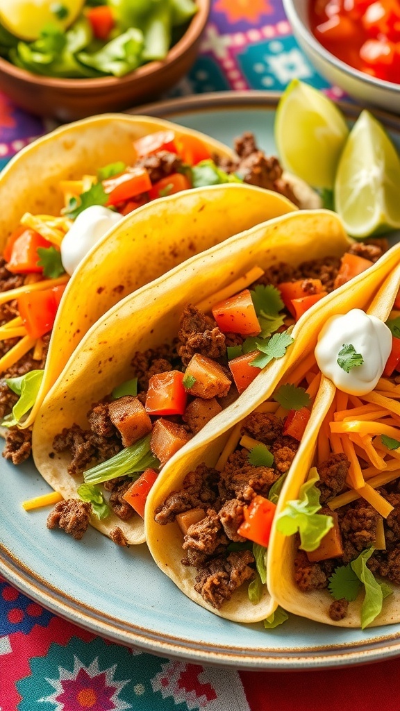 Ground Beef Tacos with Tortillas Ground beef tacos with lettuce, tomatoes, cheese, and sour cream on a colorful plate.